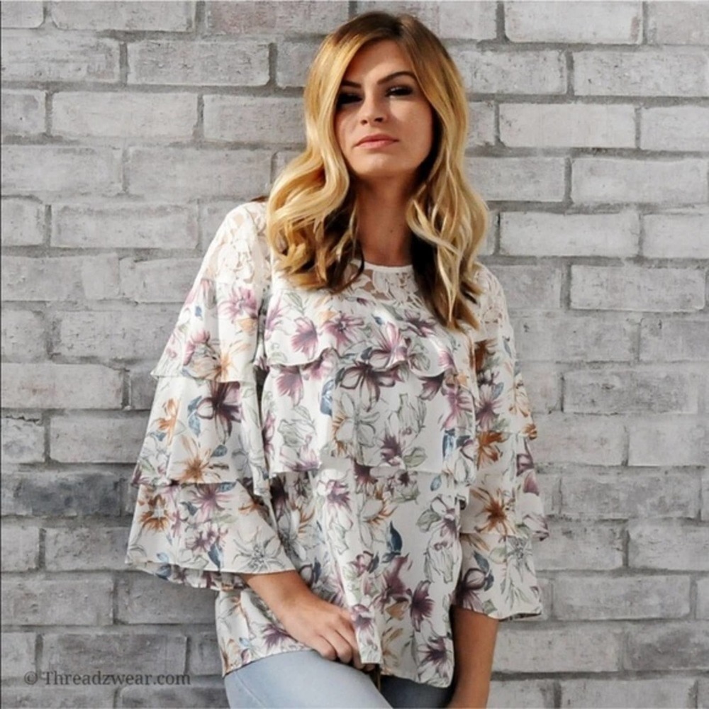 NEW Boho Lace Yoke Floral Tiered Ruffle Top Blouse ( Host Pick ) - Picture 3 of 9